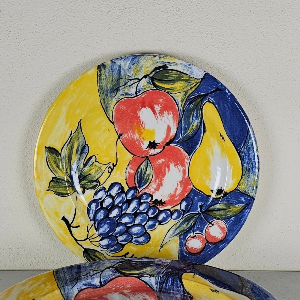 4 Pier 1 salad/dessert Plate Grapes Apples Pear Blue Yellow 8